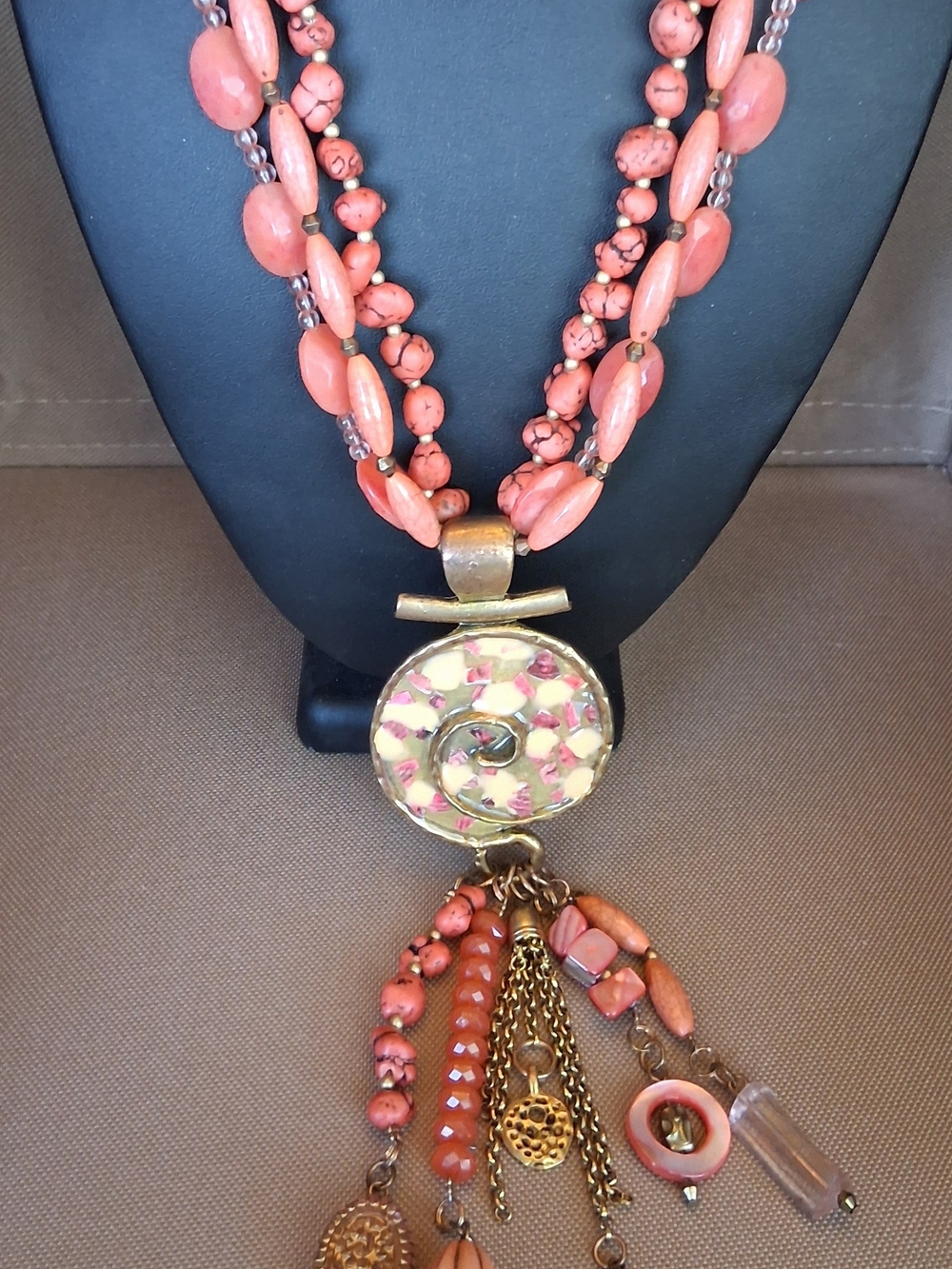 7" Coral Colored Multi-Strand Pendant on 20" Necklace - Women